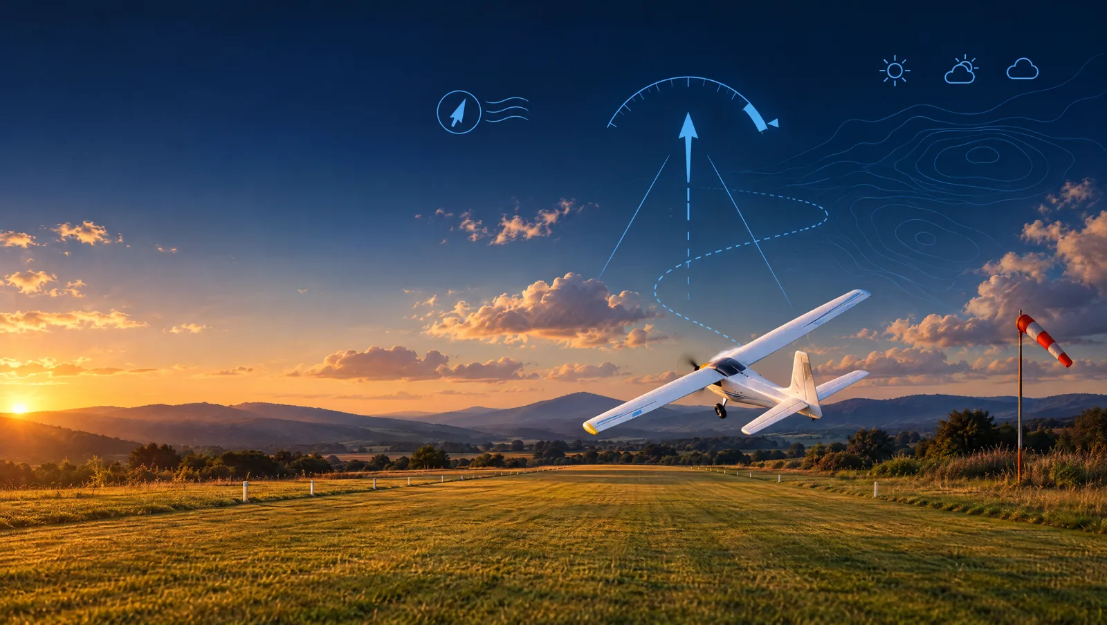 Concept art: an RC plane over a grass airfield at sunset with a weather overlay