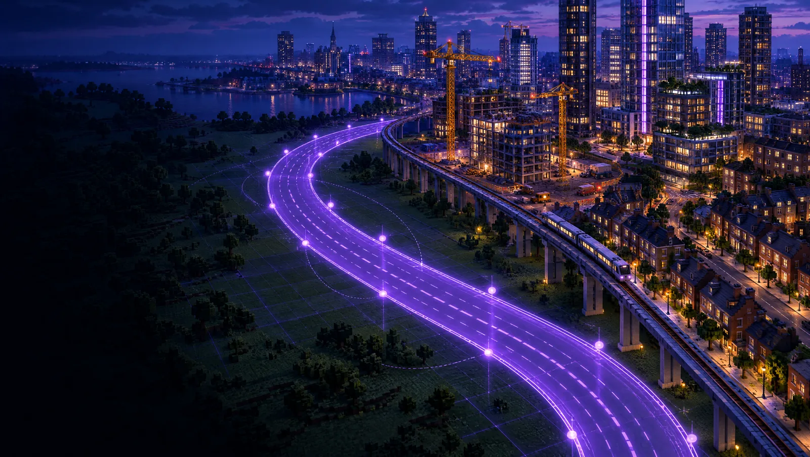 Concept art: a glowing violet road being planned through a blocky city at night